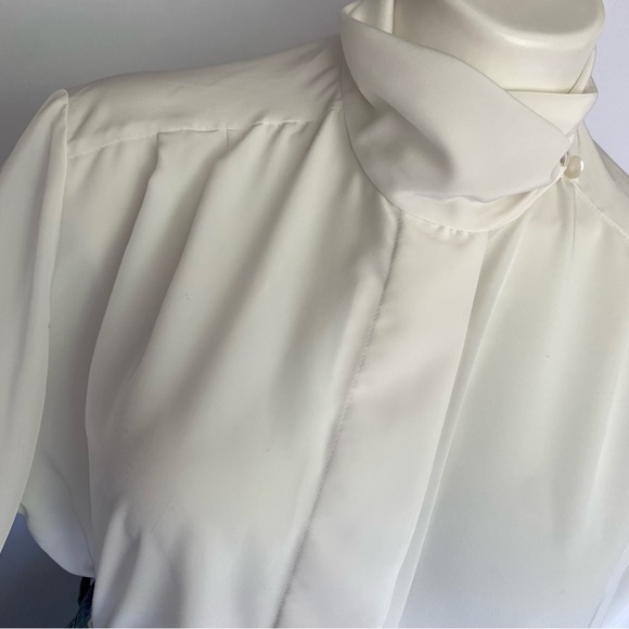 v i n t a g e :: Draped Pleated Satin High Neck Ballon Sleeve Blouse - Picture 2 of 9